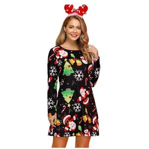 Women’s Long Sleeve XMas Round Neck Loose T-Shirt Dress  L NWT